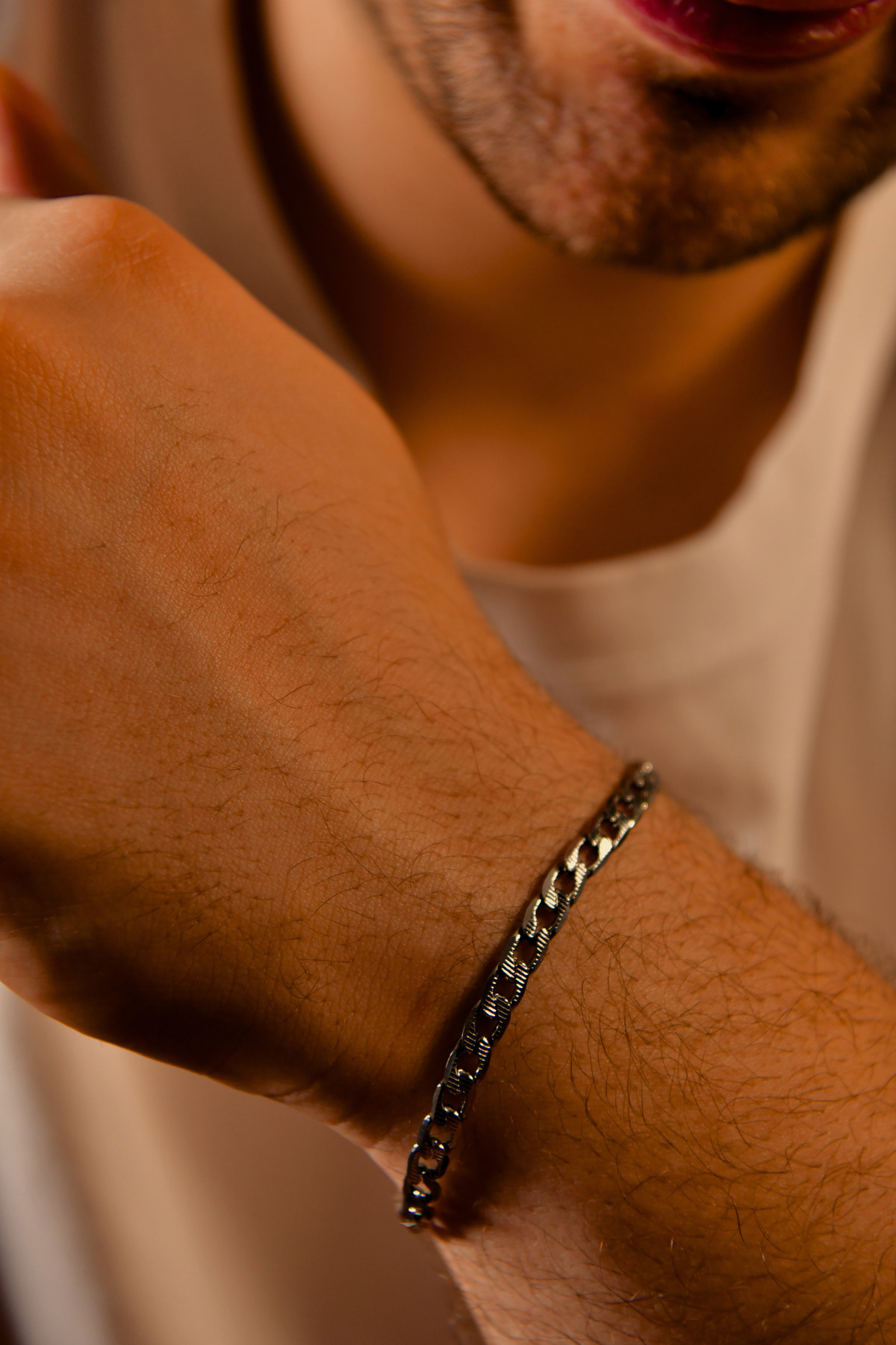 Çizgili İç İçe Geçen Halka Zincir Erkek Bileklik