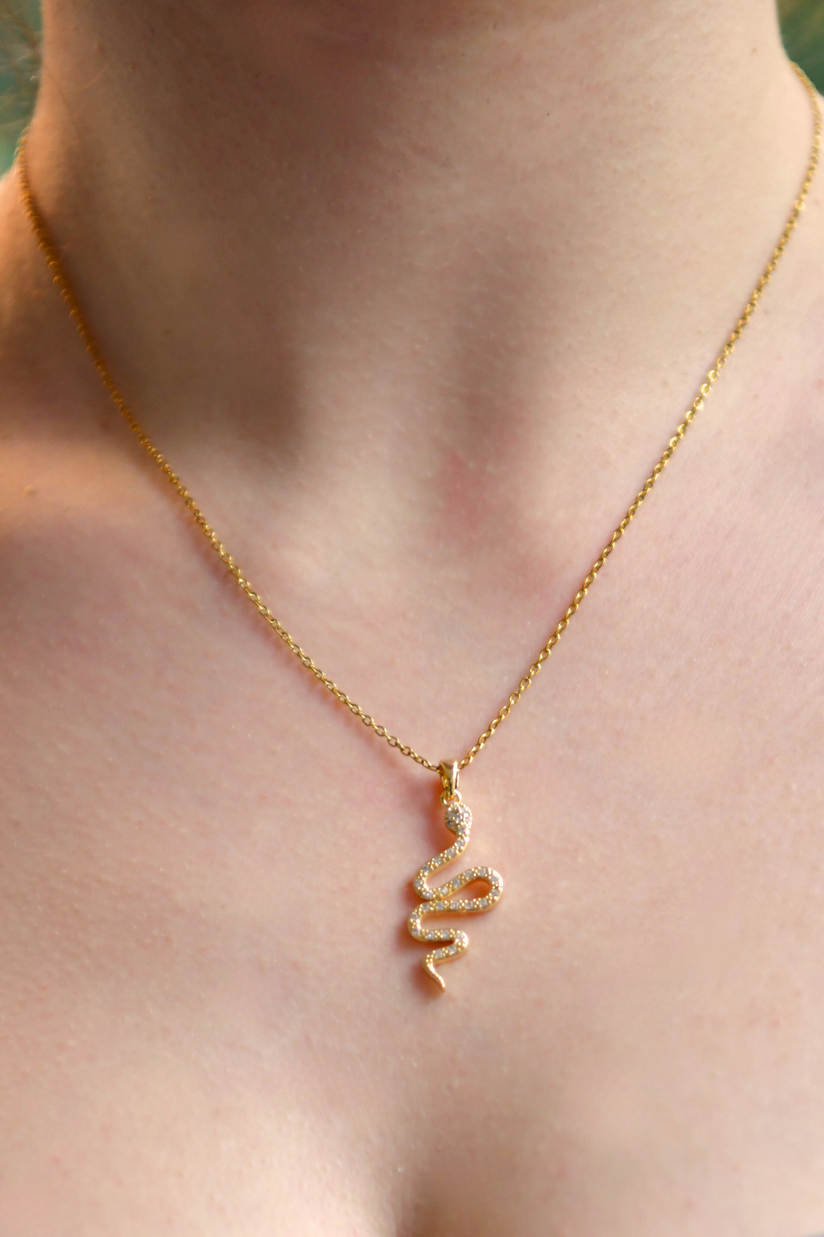 Zirkon Taşlı Yılan Figürlü Kadın Çelik Kolye