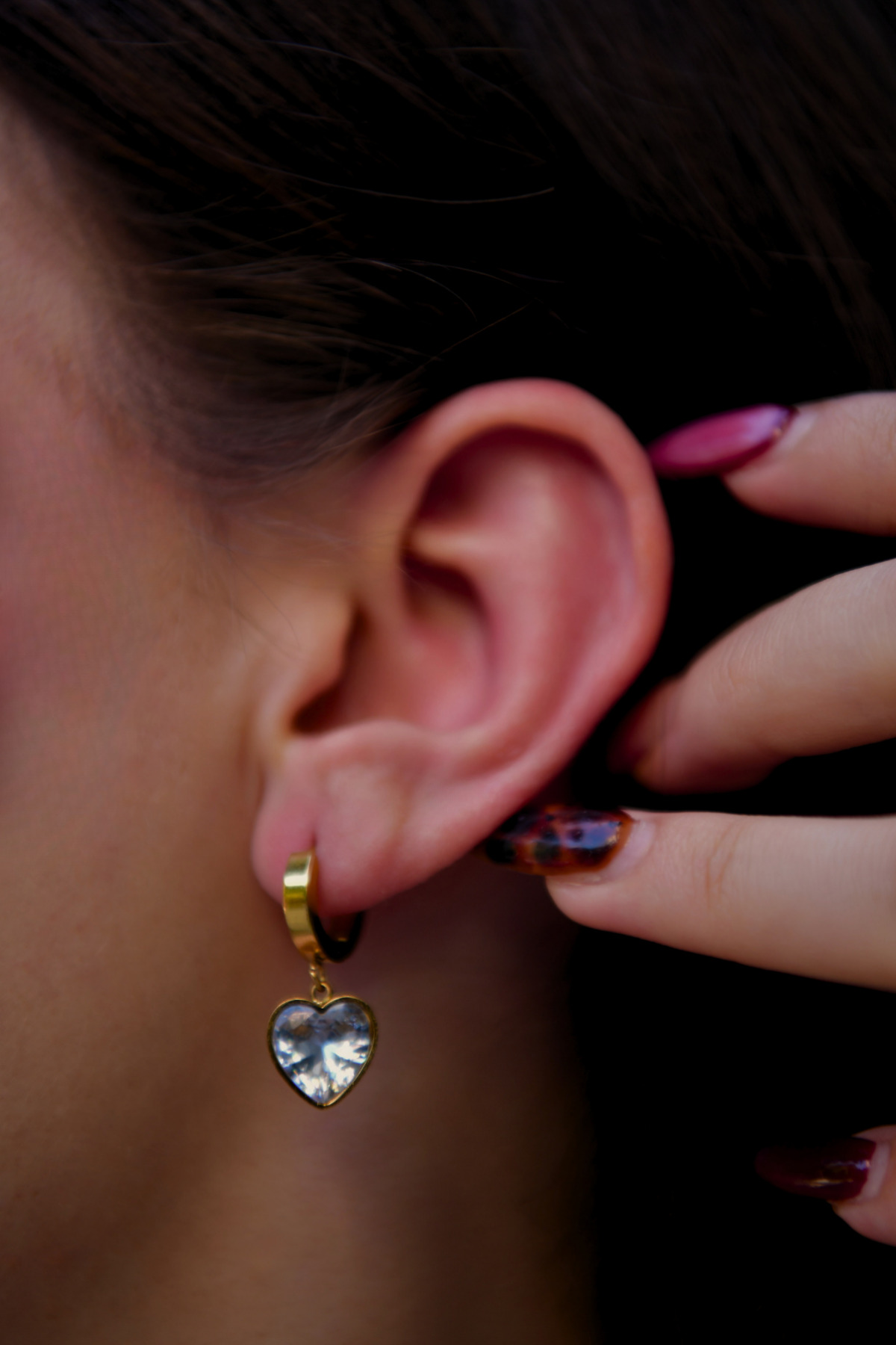 Zirkon Taşlı Kalp Model Sallantılı Çiftli Kadın Çelik Halka Küpe